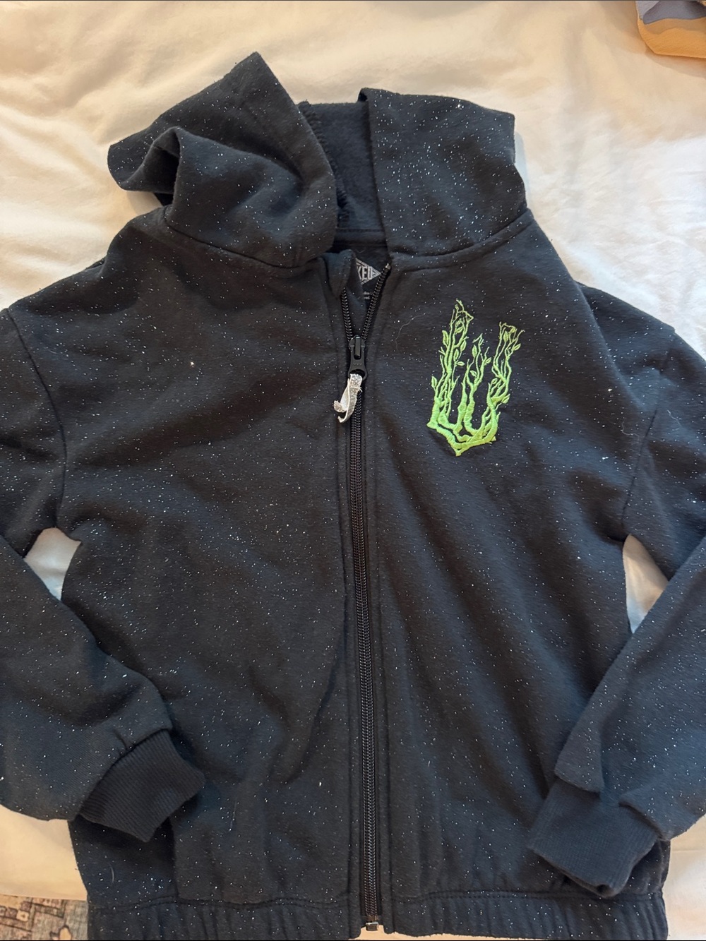Kids Black Zip Hoodie with Neon Green Flame Graphic